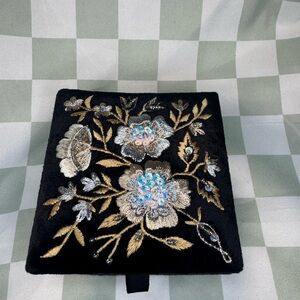 Black Velvet Jewelry Box Floral Embroidered Sequin Beaded Trinket Ring Organizer